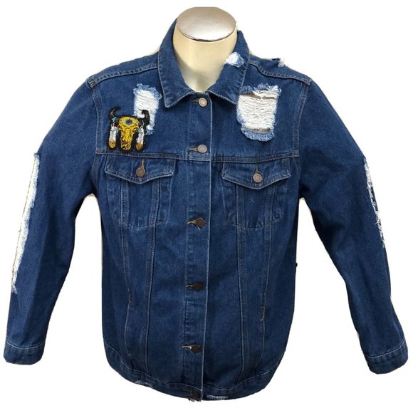 Boom Boom Jeans Jean Jacket Native American Design Blue Denim Size XL Women's - Picture 2 of 11